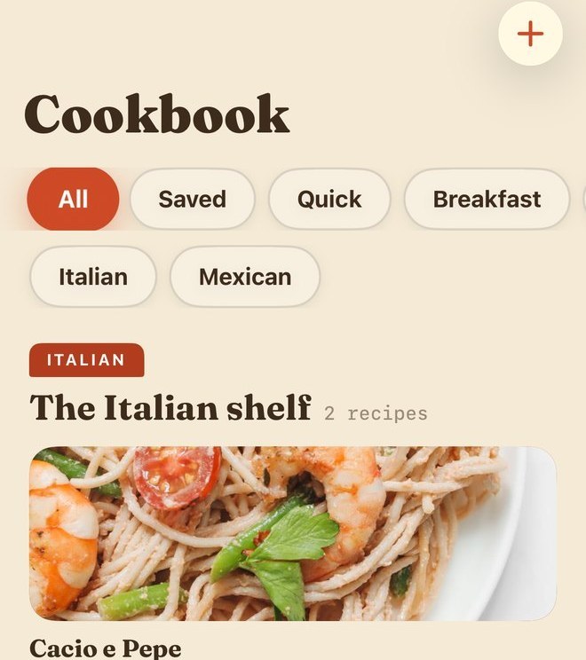 A real screenshot of the SupperBoard cookbook: recipes filed on shelves by cuisine, each one a photograph, a name, and how long it takes.