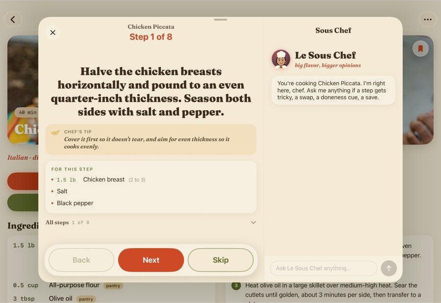 A real screenshot of SupperBoard Cook Mode on iPad: one recipe step filling the page, with Le Sous Chef answering a question beside it.