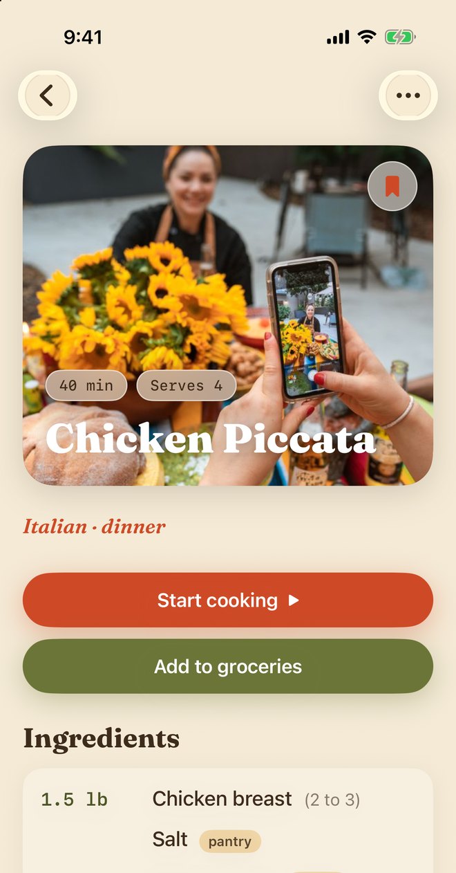 A real screenshot of a saved recipe in SupperBoard: Chicken Piccata, forty minutes, serves four, with Start cooking and Add to groceries, and the ingredients listed with quantities.