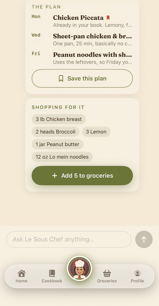 A real screenshot of Le Sous Chef planning Monday, Wednesday, and Friday, with a shopping list of five ingredients ready to add to groceries.