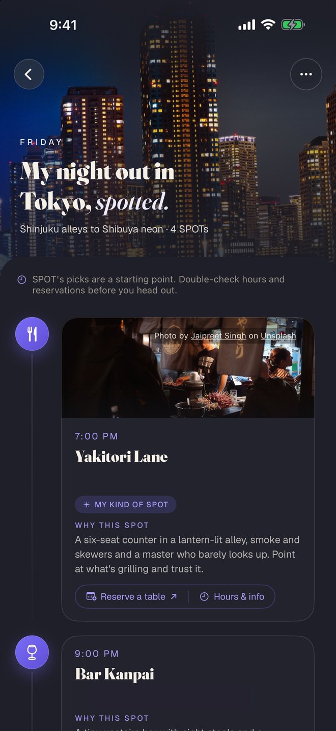 A real screenshot of SPOT: a Friday night out in Tokyo, four spots from Shinjuku alleys to Shibuya neon, each with the reason it was picked.